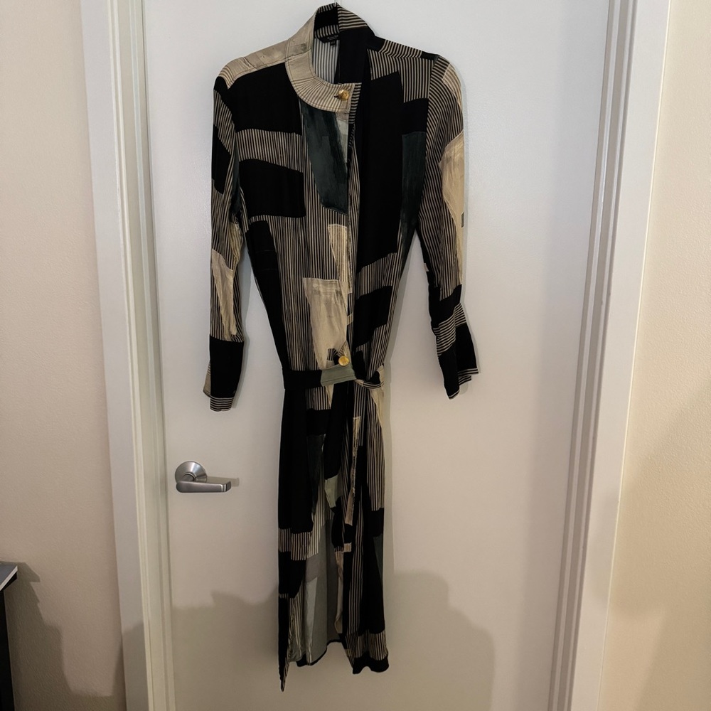 Massimo Dutti Black Tan Midi Dress Long Sleeve Mandarin Collar
